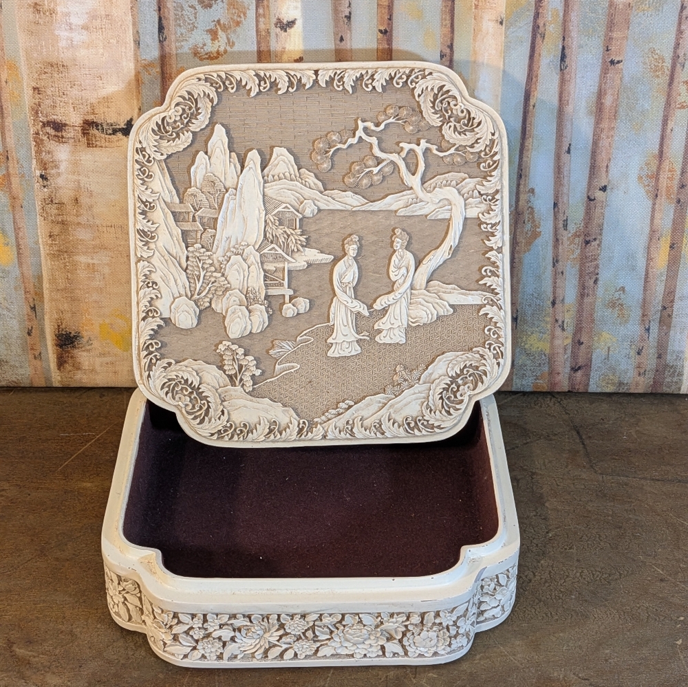 Vintage Ivory Dynasty Ming Reproduction 17th Century Carved & Lined Box